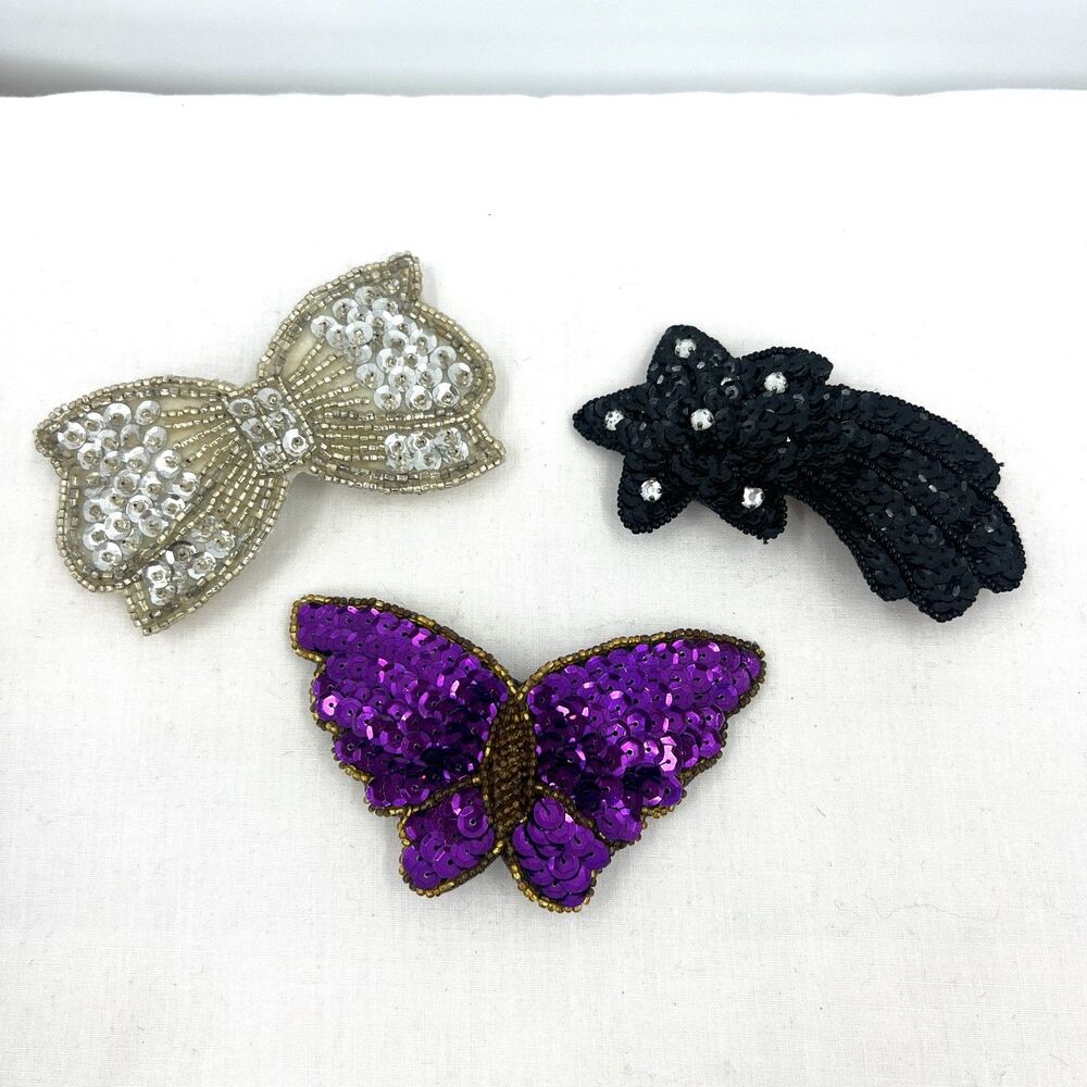Vintage Set of 3 Beaded Hair Barrettes Butterfly Bow Star Silver Black Purple